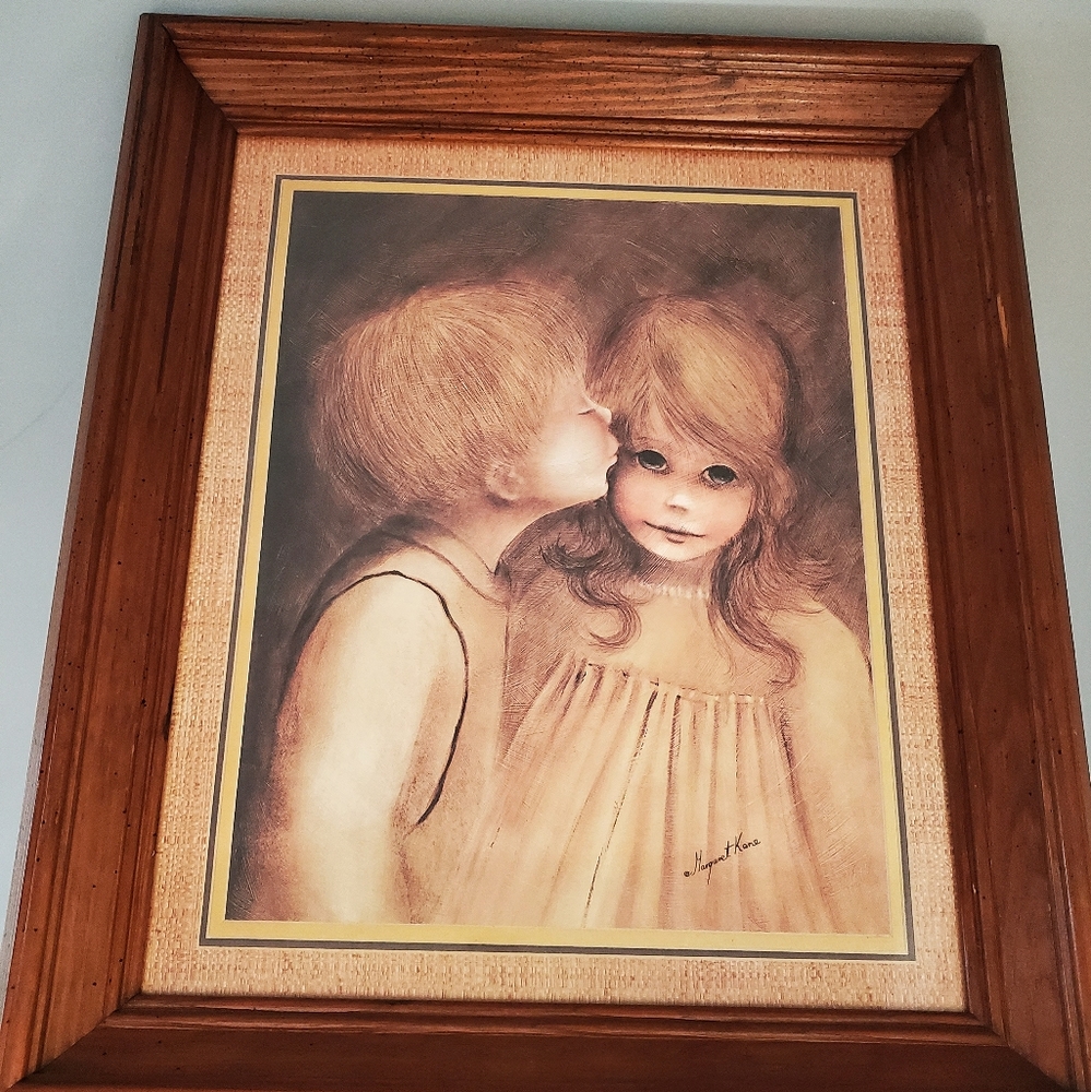 A little Kiss antique framed art by Margaret Kane